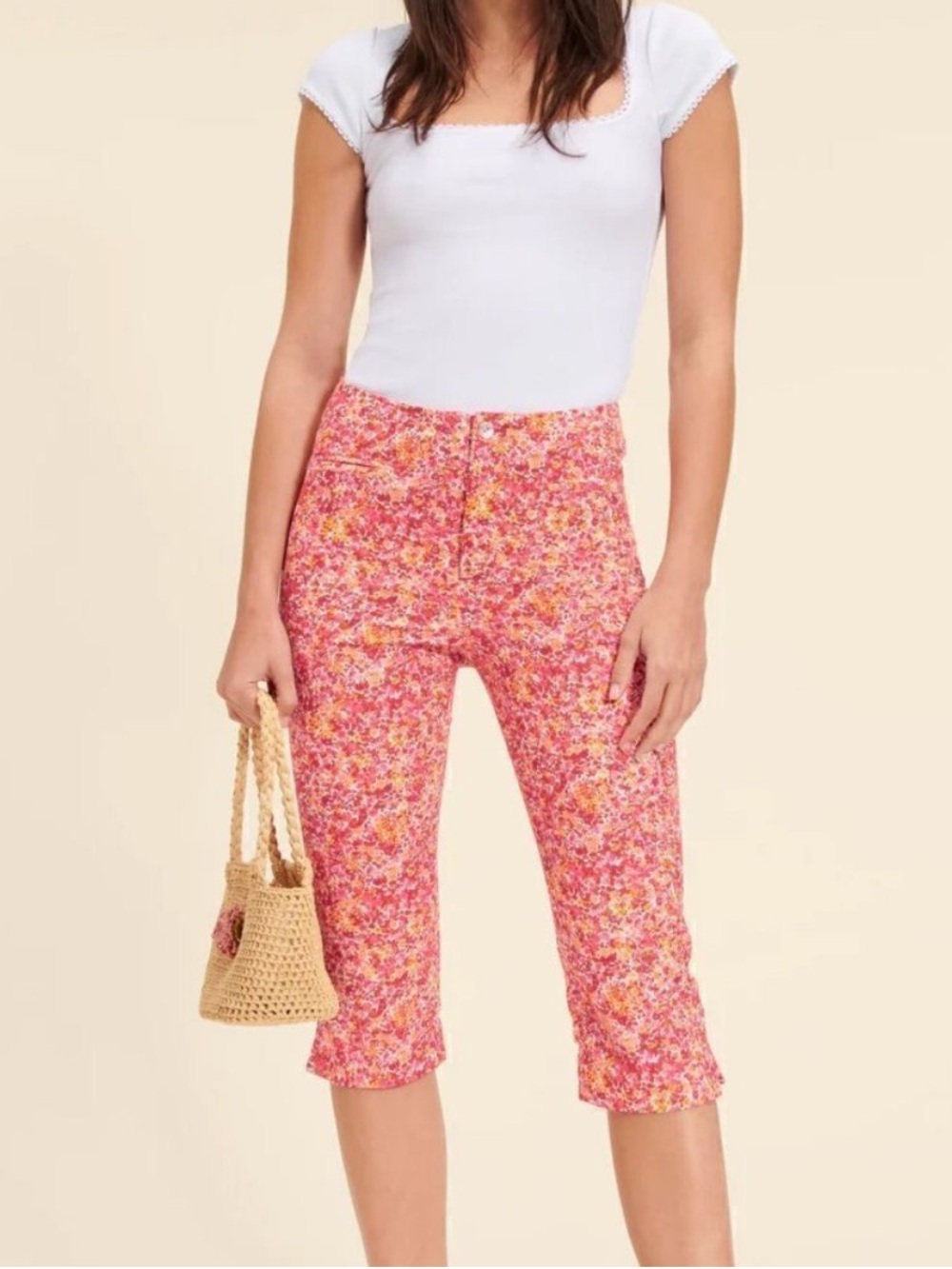 Rouje Capri Pants Zira in Floral Pink Azalea Print